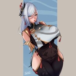 big_breasts genshin_impact shenhe_(genshin_impact) video_games white_hair