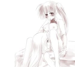 2girls bed blush breasts cunnilingus fate_testarossa female hair_ornament licking long_hair lyrical_nanoha mahou_senki_lyrical_nanoha_force mahou_shoujo_lyrical_nanoha mahou_shoujo_lyrical_nanoha_strikers mahou_shoujo_lyrical_nanoha_vivid monochrome multiple_girls nipples open_clothes open_shirt oral ponytail shirt sitting takamachi_nanoha tied_hair tongue very_long_hair watercolormark yuri