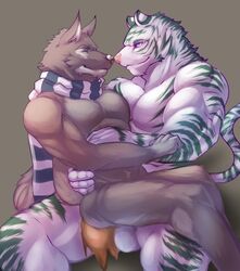 abs anthro biceps canine closed closed_eyes feline fur furry istani male male_only mammal muscles november pecs scarf tiger wolf