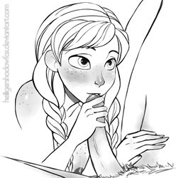 anna_(frozen) blowjob canon_couple cute disney fellatio female frozen_(film) heiligershadowfax human human_only kristoff_(frozen) male monochrome nipples oral oral_sex penis prince_hans straight