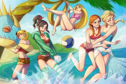 5girls alternate_breast_size anna_(frozen) artavias astrid_hofferson beach bikini blue_swimsuit braid clothing crossover disney disney_princess dragon dreamworks elsa_(frozen) female frozen_(film) fur_trim hair_ornament headband high_ponytail hoodie hotpants how_to_train_your_dragon human implied_incest lesbian medium_breasts midriff multiple_females multiple_girls open_shirt outdoors pink_swimsuit playing ponytail purple_swimsuit ralph_breaks_the_internet rapunzel short_shorts shorts sisters swimsuit tangled thighhighs twin_braids twintails vanellope_von_schweetz very_long_hair wreck-it_ralph yuri