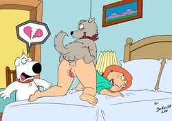 1girls 2boys all_fours anal anal_sex bed bent_over blush brian_griffin broken_heart cum dog doggy_style family_guy female feral from_behind gundam888 happy heart human interspecies lois_griffin male new_brian penetration penis pussy straight surprised testicles text zoophilia