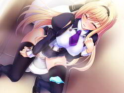 akiyama_fuuka aqua_panties blonde_hair boku_to_keiyakushite_osananajimi_seitokaichou_ni_saimin_wo_kakeyou! closed_eyes female game_cg kumatora_tatsumi long_hair panties parthenon_(company) school_uniform skirt tears thighhighs toilet underwear zettai_ryouiki