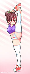 arm_behind_head ass brown_hair bun_bun_(neocoill) cute hair_bun hair_ornament heart looking_away midriff navel neocoill one_leg_up original panties red_eyes splits standing_on_one_leg standing_split stretching sweat tank_top thighhighs trainers vertical_splits