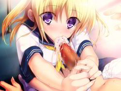 akiyama_fuuka blonde_hair blush boku_to_keiyakushite_osananajimi_seitokaichou_ni_saimin_wo_kakeyou! censored cum cum_in_mouth fellatio female game_cg kumatora_tatsumi long_hair oral penis purple_eyes