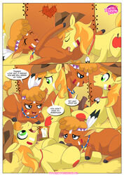 1boy 1girls balls black_eyes braeburn_(mlp) buffalo comic duo english_text equestria_untamed equine fellatio female friendship_is_magic green_eyes little_strongheart_(mlp) male my_little_pony oral oral_sex penis pussy sex text