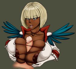 areola blonde_hair blue_eyes choker clothed dark-skinned_female dark_skin devil_may_cry disembodied_penis faceless_male female gloria_(devil_may_cry) gloves holding_breasts huge_breasts interracial jacket looking_down male nipples open_mouth paizuri penis short_hair straight thecon tongue tongue_out whackyscissors white_hair