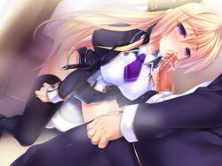 akiyama_fuuka blonde_hair boku_to_keiyakushite_osananajimi_seitokaichou_ni_saimin_wo_kakeyou! censored cum fellatio female game_cg kumatora_tatsumi long_hair oral parthenon_(company) penis purple_eyes school_uniform skirt thighhighs toilet zettai_ryouiki