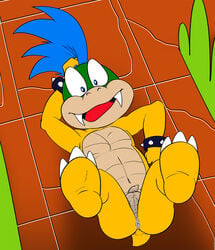 2014 anus ass balls barefoot claws fangs hair happy hi_res jerseydevil koopa koopaling koopalings larry_koopa long_hair looking_at_viewer lying male male_only mario_(series) muscles navel nintendo nude on_back on_floor open_mouth pecs penis scalie sharp_teeth smile solo spikes super_mario_bros. super_mario_bros._(nes) teeth toe_claws tongue uncut wristband