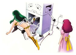 2014 2girls animal_print ass bikini boots breasts dress ducadimarte female green_hair horns light-skinned_female light_skin long_hair lum machine oni pink_hair princess ran_(urusei_yatsura) spanking spanking_machine sweatdrop tiger_print urusei_yatsura whip