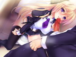 akiyama_fuuka blonde_hair boku_to_keiyakushite_osananajimi_seitokaichou_ni_saimin_wo_kakeyou! censored female game_cg kumatora_tatsumi long_hair parthenon_(company) penis purple_eyes school_uniform skirt thighhighs toilet zettai_ryouiki