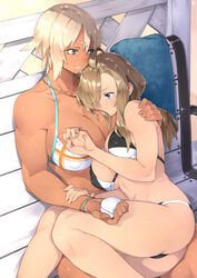 2girls abs ass bench bikini blonde_hair blue_eyes breasts cleavage color crying dark-skinned_female dark_skin female female_only hair hand_on_another's_shoulder hand_on_shoulder happy_tears large_breasts long_hair marriage_proposal muscular_female original sela_(sela_god) sela_god short_hair sitting tears tears_of_joy toned toned_female ursula_(sela_god) wedding_ring wholesome wife_and_wife yuri