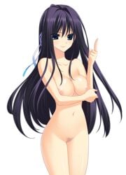 areolae black_eyes blush breasts female game_cg highres koi_mo_h_mo_obenkyou_mo_omakase!_oneechan-bu kumatora_tatsumi large_breasts legs long_hair looking_at_viewer nipples nude pubic_hair purple_hair simple_background smile solo standing thighs white_background