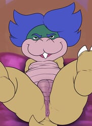 1boy 2014 anthro anthrofied anus ass balls barefoot big_ass big_butt blue_hair buckteeth butt dat_ass eyebrows green_scales hair half-closed_eyes happy hi_res jerseydevil koopa koopaling koopalings looking_at_viewer ludwig_von_koopa male male_only mario_(series) multicolored_scales nintendo nude open_mouth open_smile presenting presenting_anus presenting_ass presenting_hindquarters reptile scalie sitting slightly_chubby smile solo spread_legs spreading tail tan_scales teeth thick thick_ass thick_thighs three_tone_scales turtle video_games wide_hips yellow_scales