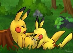 balls blush cum cum_in_mouth cum_inside fellatio gay grass male nintendo ohmuu oral oral_sex orgasm penis pikachu pokemon rock sex size_difference tree video_games