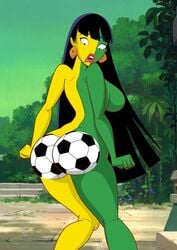 black_hair chel completely_nude earrings facepaint female forest fully_nude green_paint grimphantom large_ass nude nude_female paint painted_ass shocked soccer soccer_ball solo surprised the_road_to_el_dorado what yellow_paint