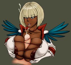 areola blonde_hair blue_eyes choker clothed cum cumshot dark-skinned_female dark_skin devil_may_cry disembodied_penis faceless_male female gloria_(devil_may_cry) gloves holding_breasts huge_breasts interracial jacket looking_down male nipples open_mouth paizuri penis short_hair straight thecon tongue tongue_out whackyscissors white_hair