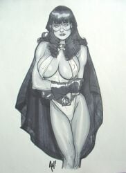 1woman adam_hughes breasts cape lips long_hair_female monochrome phantom_lady_(dc) sketch suit