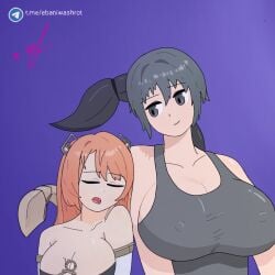 2girls artist_request black_eyes black_hair clothes ebaniwashrot female female_only m56 m56_(daebom) original_character scorpion_g scorpion_tail short_hair skin_tight skindentation sports_bra sportswear tagme tight_clothing war_thunder world_of_tanks