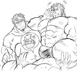 balls bara big_pecs blush bulge facial_hair flaccid gay kaeru333938123 lilac_(live_a_hero) live-a-hero male male_only muscles muscular penis roudin_(live_a_hero)