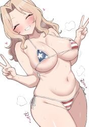 american_flag american_flag_bikini american_flag_print areola_slip bikini blonde_hair blush breasts closed_eyes curvy double_v female flag_print girls_und_panzer grin groin hands_up highres kay_(girls_und_panzer) large_breasts long_hair micro_bikini navel plump print_bikini simple_background smile solo stomach sweat swimsuit tokidesuyo v white_background