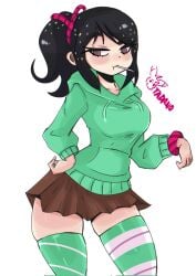 aged_up average_breasts black_hair brown_eyes green_sweater lollipop mini_skirt ponytail short_skirt skindentation skirt striped_legwear tagme thigh_gap thighhighs thighs vanellope_von_schweetz wide_hips wreck-it_ralph