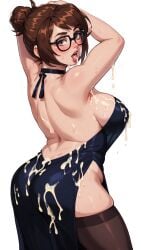 ai_generated armpits ass back backless_dress backless_outfit bare_back black-framed_eyewear blush breasts brown_eyes brown_hair bukkake cum cum_on_ass cum_on_body cum_on_upper_body dress female glasses hair_bun large_breasts looking_at_viewer looking_back mei_(overwatch) overwatch short_hair sideboob solo sweat swept_bangs tongue tongue_out