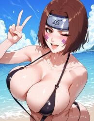 1girls ai_generated alternate_ass_size alternate_body_type alternate_breast_size big_ass big_breasts blinking brown_eyes brown_hair indifferent large_breasts light-skinned_female naruto naruto_(series) nohara_rin slingshot_swimsuit smile sogo solo swimsuit teenager thick_thighs v_sign wide_hips