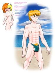 1boy1girl beach bulge bulge_through_clothing conjoined conjoined_twins dialogue elastic female goo_creature hair_color_connection intersex male male/female melting merge merged merging penis pubic_hair smiling smiling_at_partner speedo stuck_together testicles text transformation