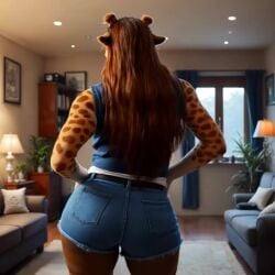 ai_generated animated anthro big_breasts bottomwear breasts clothing curvaceous curvy_figure cutoffs dancing denim denim_clothing erect_nipples female furry giraffe giraffid hi_res huge_breasts living_room mammal nipples puzzle_(kadath) shorts solo tagme video video vlrgromns voluptuous