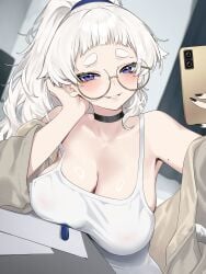 1girls absurdres bare_shoulders black_choker black_nails blush breast_rest breasts camisole cellphone choker cleavage commentary glasses grin highres large_breasts leaning_to_the_side long_hair looking_at_viewer meg_(wakamepiza) mole mole_on_arm mole_on_armpit original phone ponytail purple_eyes round_eyewear short_bangs smartphone smile solo symbol-only_commentary thick_eyebrows thick_eyelashes tsurime wakamepiza white_camisole white_hair yellow-framed_eyewear