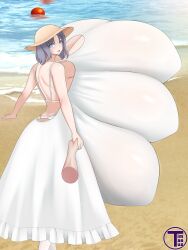 6_breasts alternate_breast_size alternate_version_available artist_name back_view beach blue_eyes blush breasts breasts_bigger_than_head breasts_bigger_than_torso clothed clothing disembodied_hand from_behind gigantic_breasts grey_hair holding_hands huge_breasts looking_at_viewer looking_back massive_breasts multi_breast ocean outdoors sand senran_kagura short_hair smile standing straw_hat sundress timaeus yumi_(senran_kagura)