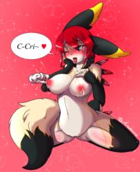 2014 anthro areola blue_eye blush breasts canine disembodied_hand female fox hinata-rabbit hybrid lactation lagomorph mammal milk nipples nude one_eye_closed open_mouth pussy rabbit red_hair spread_legs spreading tongue tongue_out