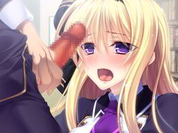 akiyama_fuuka blonde_hair boku_to_keiyakushite_osananajimi_seitokaichou_ni_saimin_wo_kakeyou! censored female game_cg kumatora_tatsumi long_hair open_mouth penis purple_eyes school_uniform