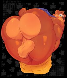 absurd_res anthro ass backsack balls banjo-kazooie banjo_(banjo-kazooie) bear beetleartz bent_over big_balls big_butt blue_eyes bottomwear bottomwear_down brown_body brown_fur clothed clothing fur genitals hi_res huge_butt looking_at_viewer looking_back looking_back_at_viewer male mammal pants pants_down partially_clothed presenting presenting_hindquarters rareware rear_view solo thick_thighs