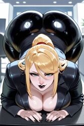 1girl ai_generated astrawaifu bent_over big_ass big_breasts big_butt blonde_hair blue_eyes large_ass light-skinned_female metroid office_clothing office_lady pale-skinned_female pawg samus_aran