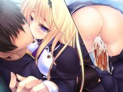 akiyama_fuuka aqua_panties blonde_hair blush boku_to_keiyakushite_osananajimi_seitokaichou_ni_saimin_wo_kakeyou! censored cum cum_in_pussy female game_cg kissing kumatora_tatsumi long_hair panties penis purple_eyes pussy sex thighhighs underwear vaginal_penetration