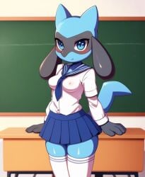 ai_generated cinder-ace-burn female female_only pokemon pokemon_(species) riolu school school_uniform skirt stockings