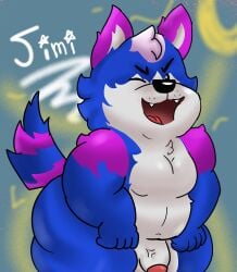 anthro ass blue_body blue_butt blue_face blue_fur blue_legs blue_tail canid canine canis foreskin fur genitals grey_body grey_foreskin grey_fur grey_penis hi_res jimi(jimi_horny_wolf9) male mammal moobs nude penis pink_body pink_ears pink_fur pink_tail solo tail text ugly-rat15508 white_body white_face white_foreskin white_fur white_moobs white_penis wolf