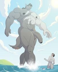 2025 4_fingers anthro areola ass biceps big_muscles biped canid canine canis cloud colored day digital_drawing_(artwork) digital_media_(artwork) duo fingers flaccid foreskin fur genitals glans grey_body grey_fur grey_hair hair hi_res humanoid_genitalia humanoid_penis juano looking_away male mammal multicolored_body multicolored_fur muscular muscular_anthro muscular_male navel nipples nude outside pecs penis sea shaded ship sky standing tail two_tone_body two_tone_fur vehicle walking water watercraft wolf ziude_(character)