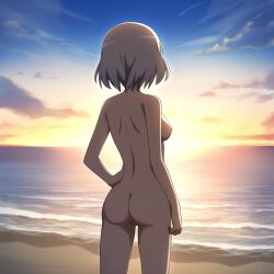 1girls ai_generated ass beach from_behind hand_on_own_hip medium_breasts nipples novelai outdoors pussy sanya_v._litvyak solo standing strike_witches sunset world_witches_series