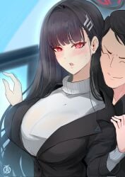 1boy 1girls black_hair blue_archive blush breasts embarrassed female female_focus heavy_breathing large_breasts long_hair red_eyes revolverwingstudios rio_(blue_archive) solo_focus very_long_hair