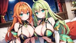 2girls aegis_elysium ai_art ai_generated armor bare_shoulders bed blush blushing blushing_at_viewer breasts city cityscape cleavage dress duo duo_focus elbow_gloves female_armor female_focus gem gloves green_eyes green_hair hair_ornament headpiece highres huge_breasts jewelry large_breasts light long_hair looking_at_viewer mecha navel night orange_hair original_character patreon patreon_username princess sitting sky starry_background starry_sky surface tiara very_long_hair window windows wings