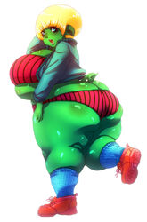 1girls ass ass_cleavage belly big_ass big_breasts blonde_hair bottomless bra breasts butt_crack fat female green_skin hair huge_breasts jacket lip_gloss looking_back obese open_mouth orc orc_female overweight panties partially_dressed plump red_panties shiny_skin sneakers solo solo_female tail thick_thighs white_background winterweather