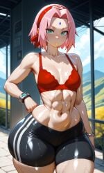 ai_generated bottom_heavy bra huge_ass muscular naruto pink_hair red_clothing sakura_haruno short_hair shorts small_breasts thick_thighs