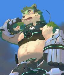 2025 anthro belly blush bulge canid canine canis domestic_dog green_body hi_res humanoid_hands kemono lifewonders live_a_hero male mammal mokdai open_mouth overweight overweight_male sapp_mark2 solo visor