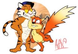 2025 abs annoyed anthro arm_around_shoulders backwards_hat balls belly biceps blush clothing conker conker's_bad_fur_day diddy_kong_racing donkey_kong_(series) duo felid feline flaccid foreskin fur genitals hair hand_behind_back hat headgear headwear hi_res male male/male mammal muscular muscular_anthro muscular_male navel nintendo nipples nude pantherine pecs penis rareware rodent sciurid size_difference smile squirrelfromthesouth tail teeth tiger timber_the_tiger topwear tree_squirrel