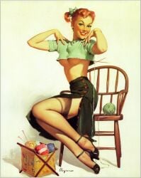 20th_century female gil_elvgren ginger ginger_hair knitted_sweater knitting painting_(artwork) pin-up pinup red_hair red_hair traditional_media_(artwork) vintage wooden_chair yarn