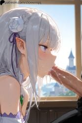 1girls ai_generated blowjob blush clowenqq cum cum_in_mouth emilia_(re:zero) fellatio female female_focus from_side hair_flower hi_res leaking_cum long_hair oral oral_sex penis penis_in_mouth pointy_ears purple_eyes re:zero_kara_hajimeru_isekai_seikatsu uncensored upper_body white_hair