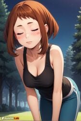 1girls ai_generated artist_name bare_arms bare_shoulders black_shirt black_tank_top blue_pants blush blush_stickers boku_no_hero_academia breasts brown_hair cleavage closed_eyes closed_mouth collarbone covered_nipples grass hi_res large_breasts leaning_forward medium_breasts my_hero_academia nature night night_sky ochako_uraraka outdoors pants patreon_username rule34lab shirt short_hair sidelocks sky sleeveless solo star_\(sky\) starry_sky tank_top track_pants tree uraraka_ochako